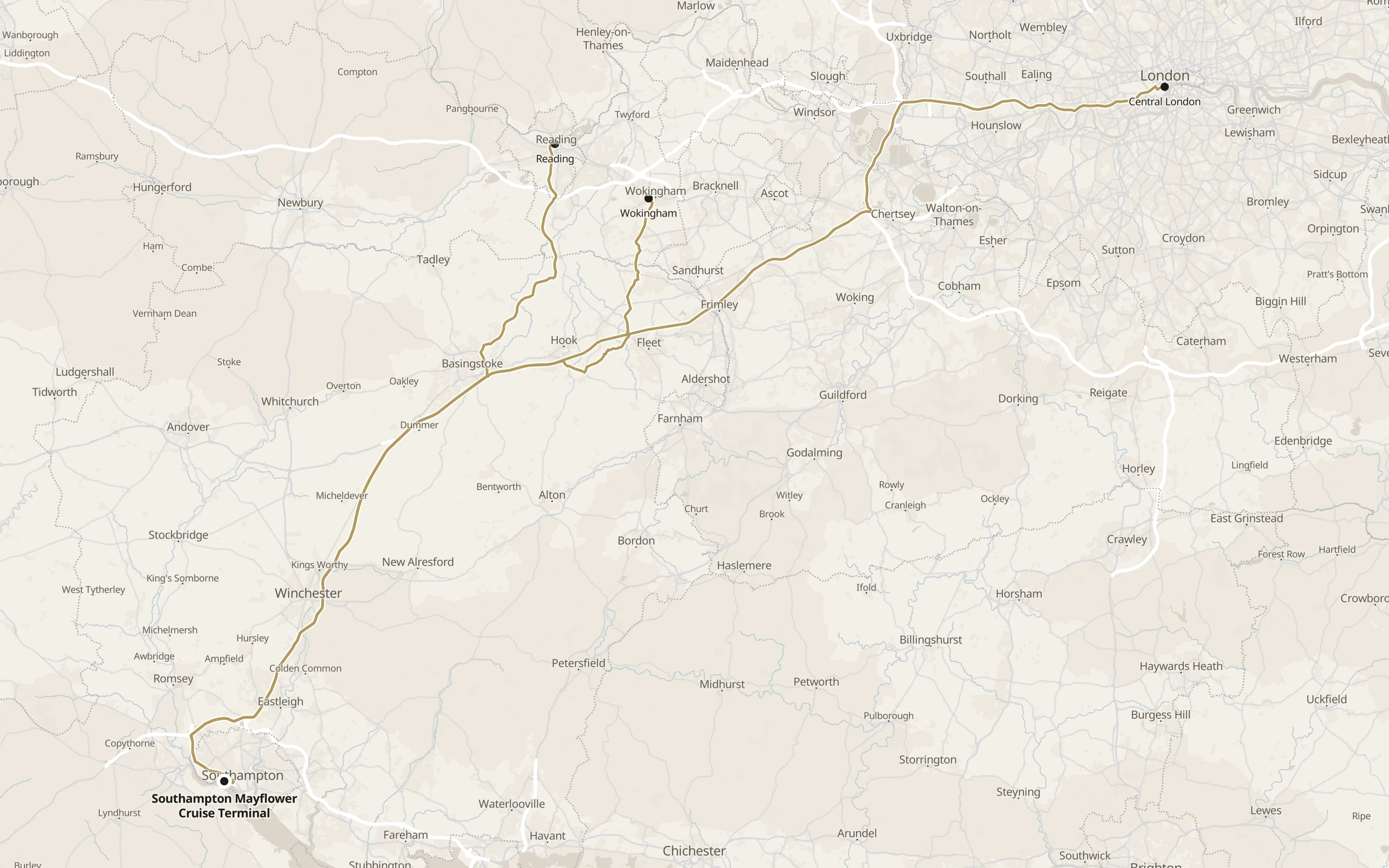 Road routes from Reading Wokingham and London to Mayflower Terminal