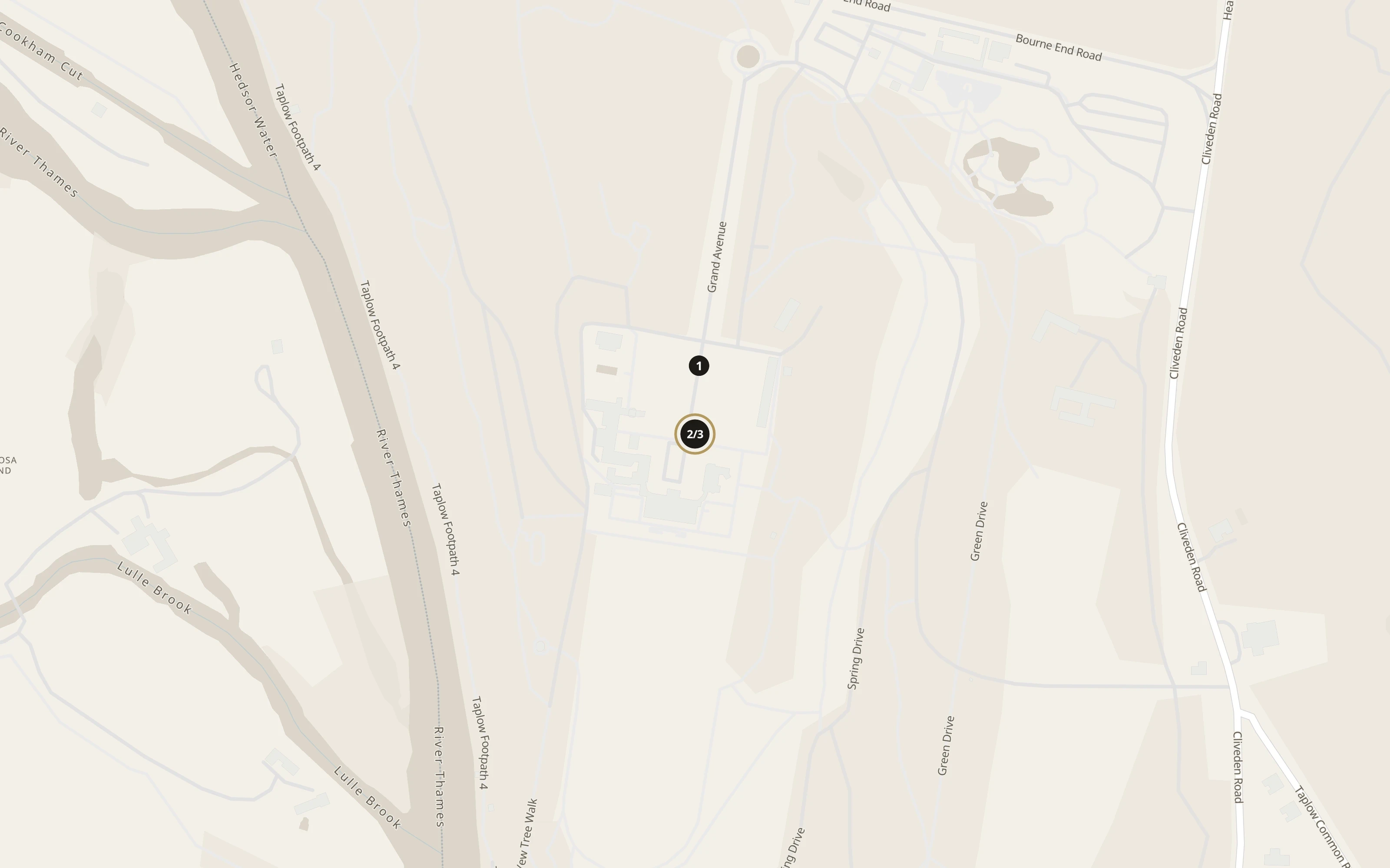Numbered approach map for Cliveden House showing general vehicle arrival references